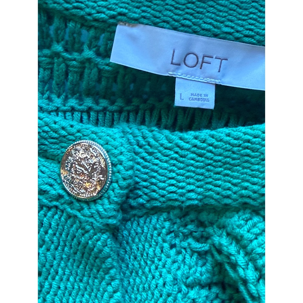 LOFT | 2024 Cardigan Sweater Large Green Textured Knit Gold Button Lady Jacket - Picture 7 of 12
